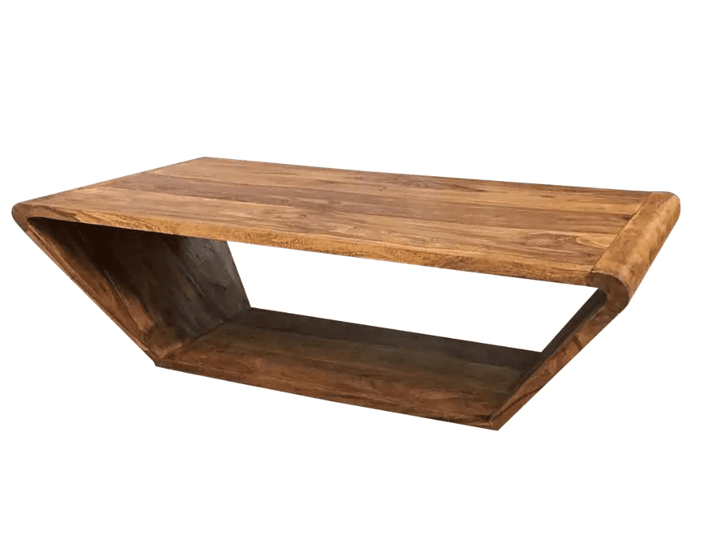 A modern, angular coffee table constructed from solid wood. The table features a rectangular top and… — 3D model