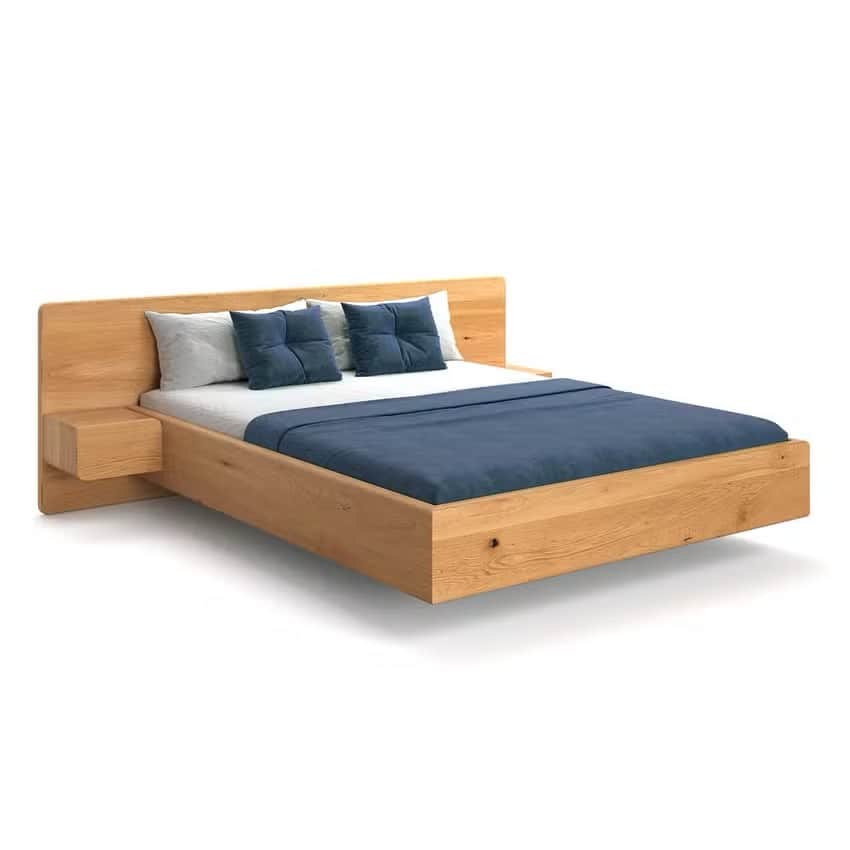 A modern platform bed crafted from solid wood, featuring a prominent, wide headboard with rounded co… — 3D model