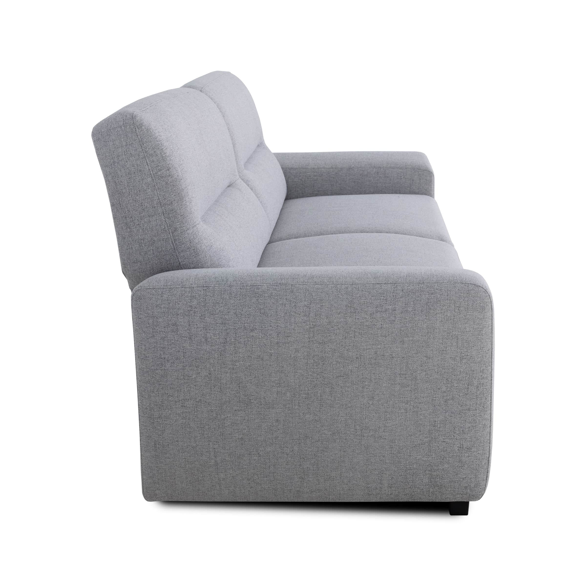 A contemporary three-seater sofa upholstered in a light grey textured fabric, featuring clean lines,… — free GLTF 3D model