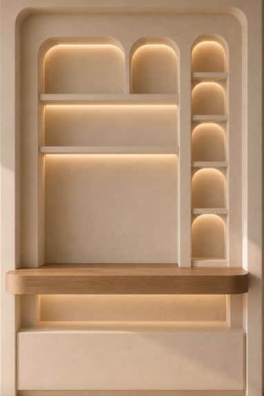 A contemporary wall-mounted unit featuring an integrated desk surface, multiple open shelves, and su… — 3D model