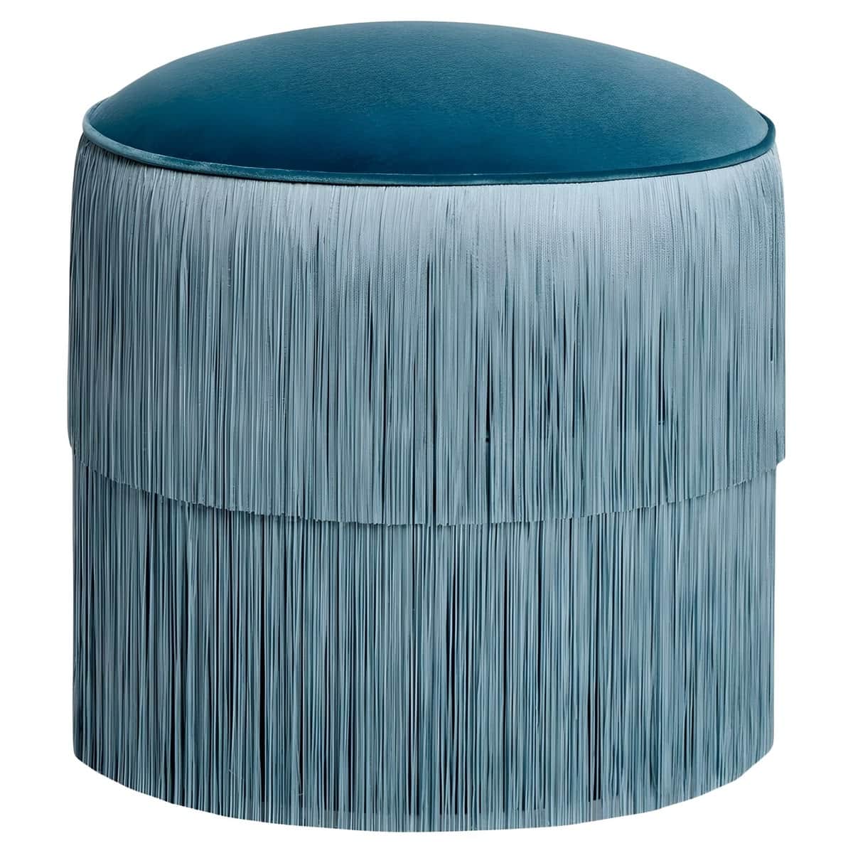 A cylindrical ottoman featuring a domed, upholstered velvet top in teal, with its body entirely cove… — 3D model