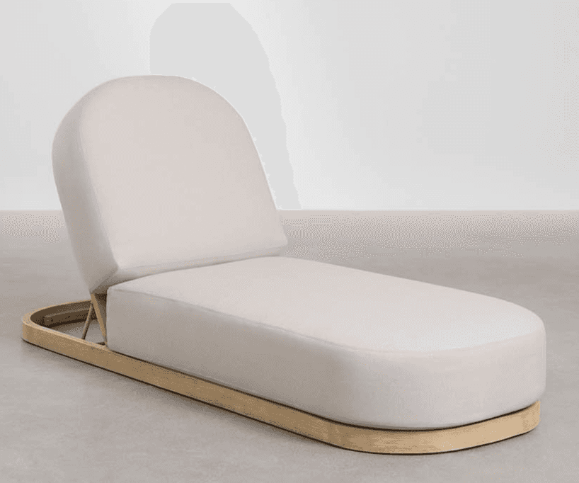 A modern upholstered chaise lounge with a light-colored fabric and an adjustable rounded backrest, s… — 3D model
