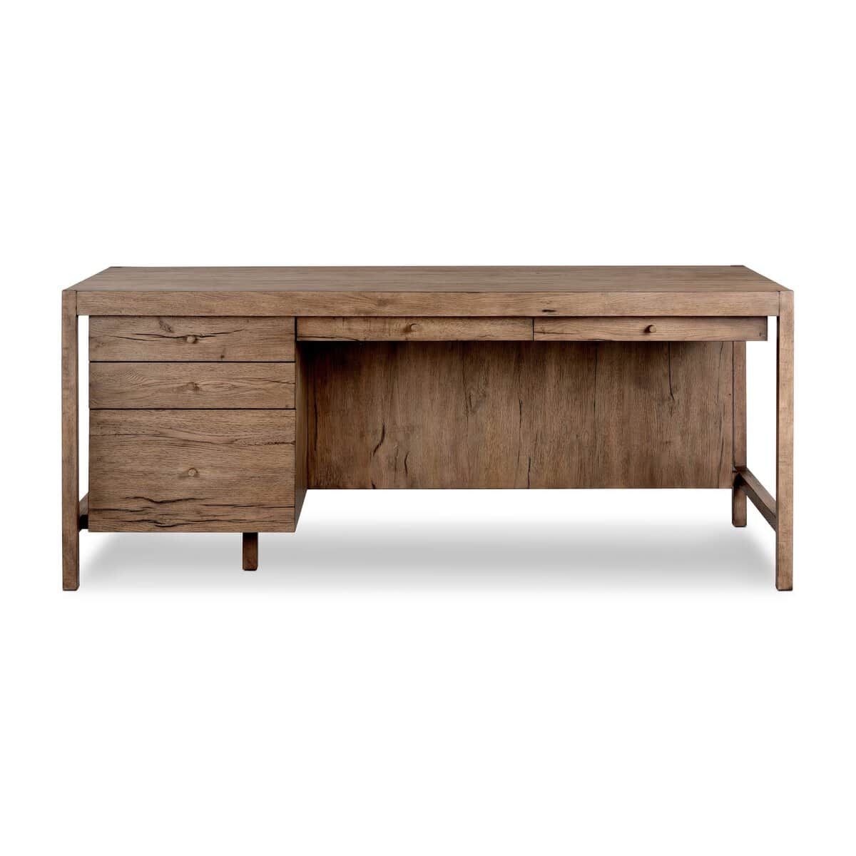 A rustic office desk constructed from solid wood, featuring a rectangular tabletop supported by a st… — 3D model