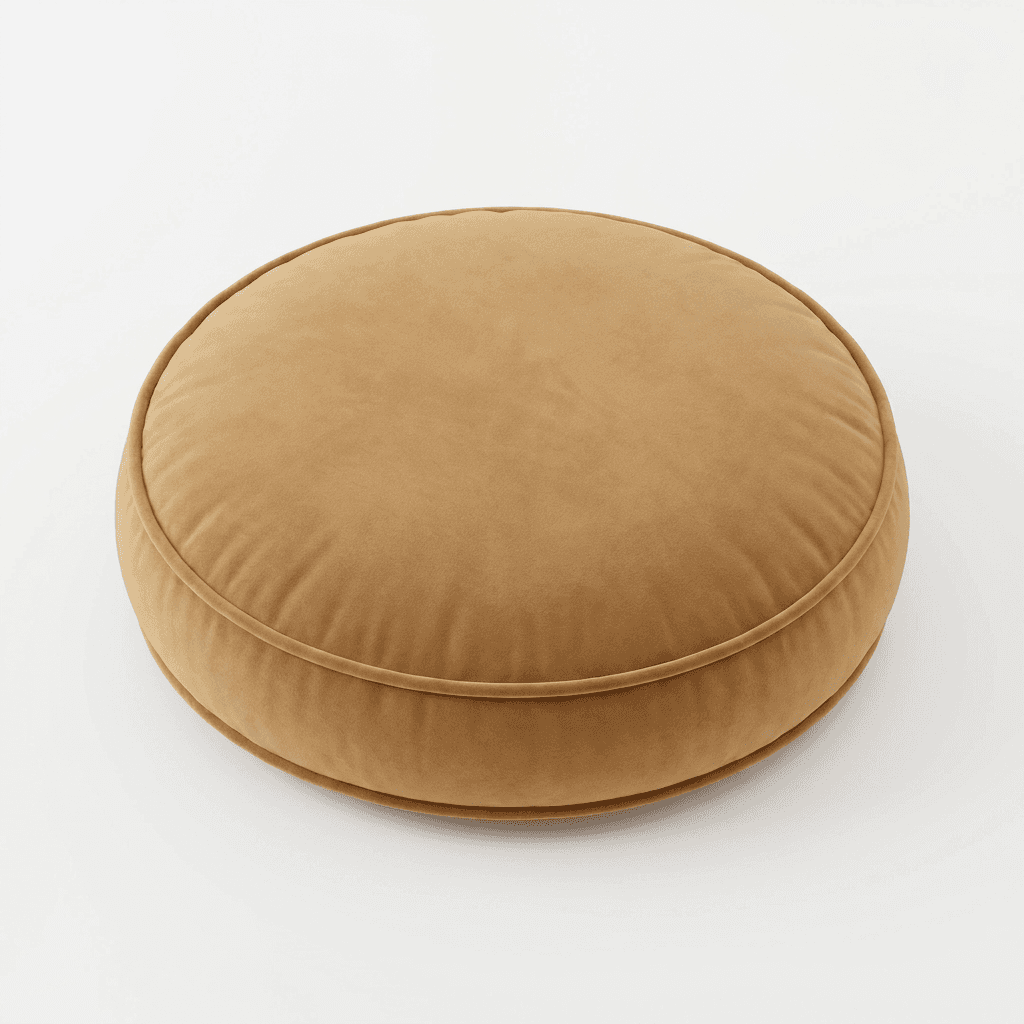 A circular, thick floor cushion upholstered in a soft, golden-brown velvet-like fabric. It features… — 3D model