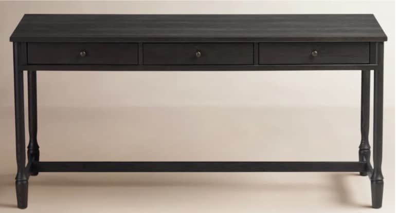 A dark wood console table with a rectangular top and three drawers. The table has a streamlined desi… — 3D model