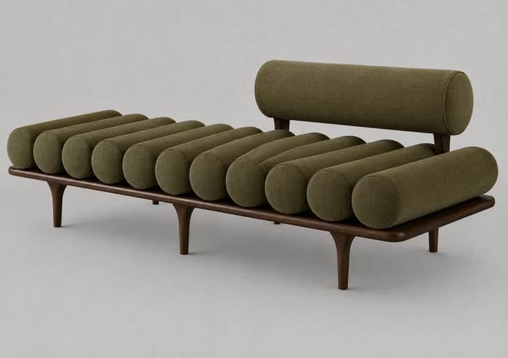 A mid-century modern daybed featuring a dark wooden frame and segmented, cylindrical olive green fab… — 3D model