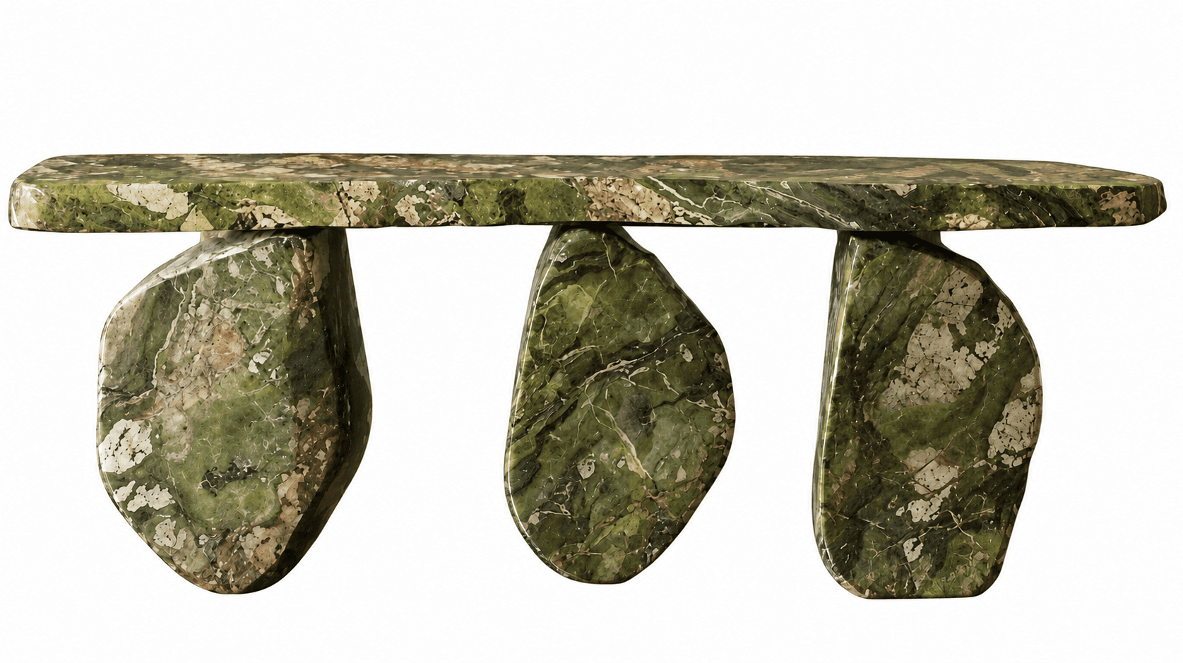 A contemporary bench crafted entirely from green and white veined marble, featuring a rectangular to… — free GLTF 3D model