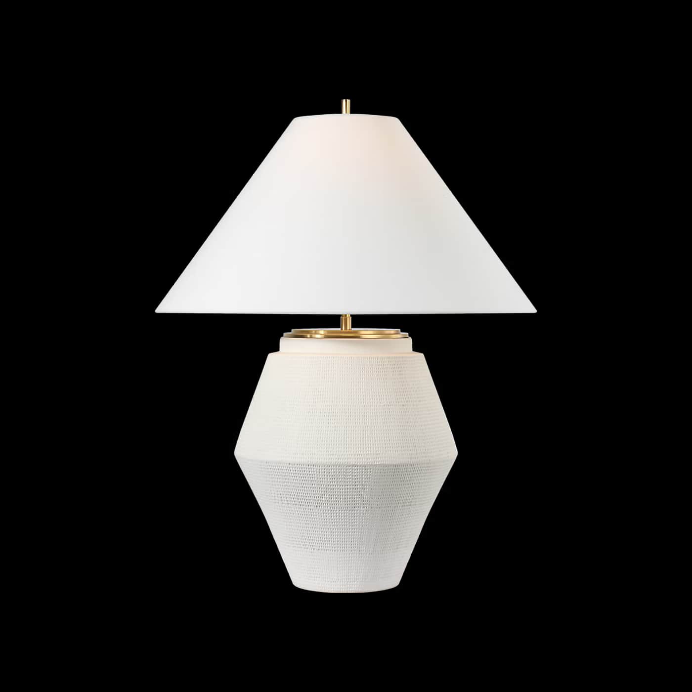 A white table lamp with a conical shade and a textured, geometric base. The base has a ribbed or wov… — 3D model
