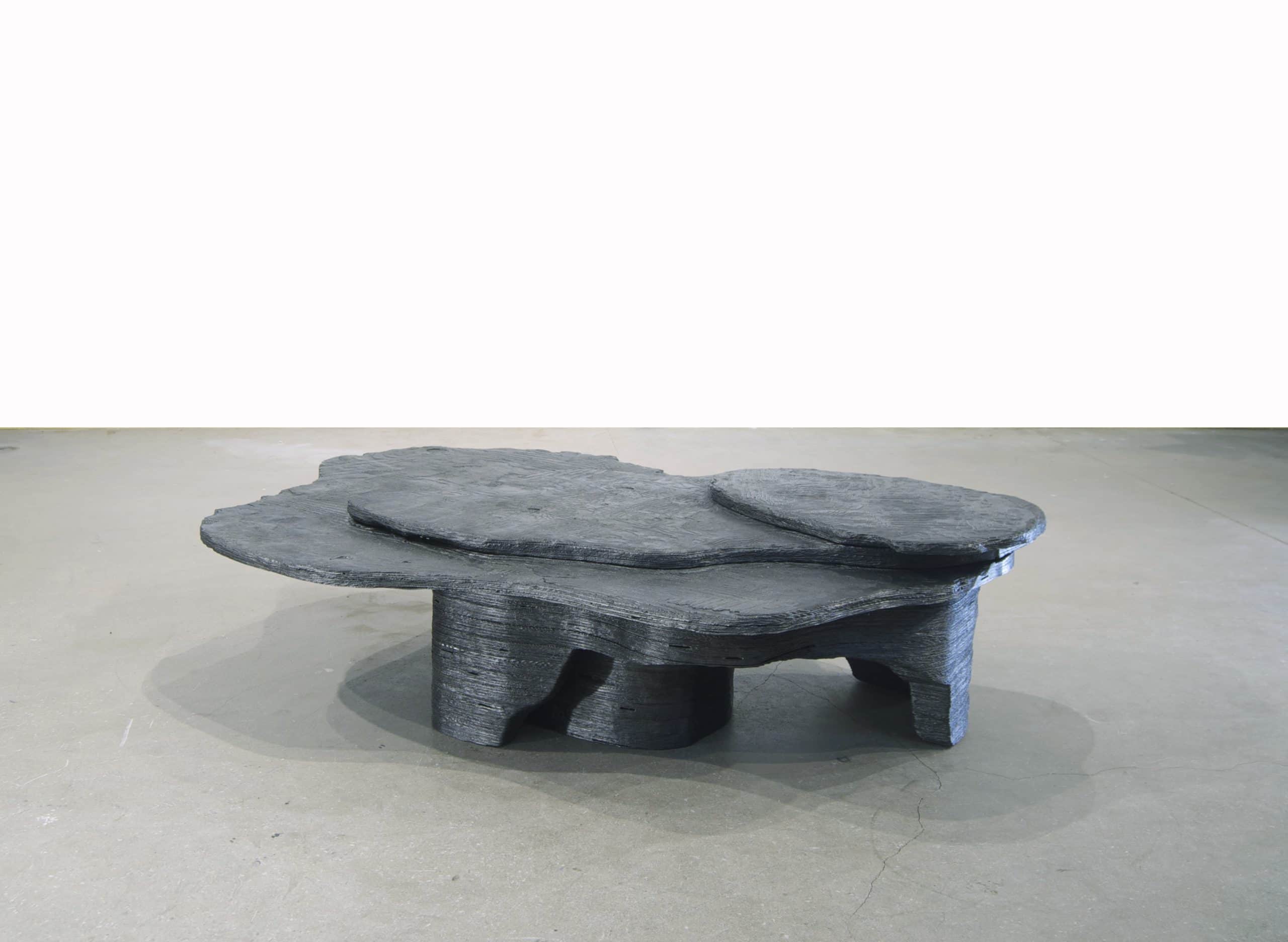 A sculptural, low-lying table featuring an organic, multi-tiered design. The dark, matte material ha… — 3D model