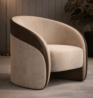 A contemporary barrel-shaped armchair featuring two-tone fabric upholstery with a light beige interi… — 3D model