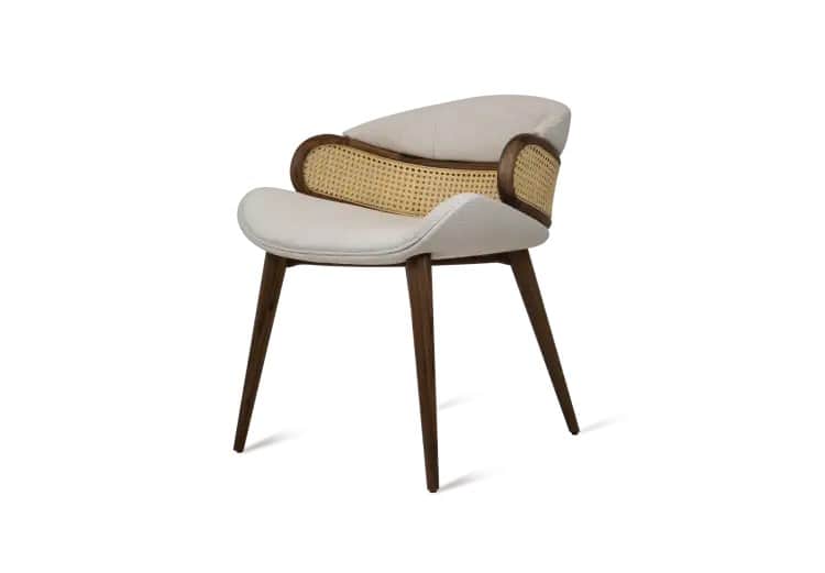 An upholstered armchair with a curved cane backrest, a dark stained wooden frame, and tapered legs.… — free BLEND 3D model