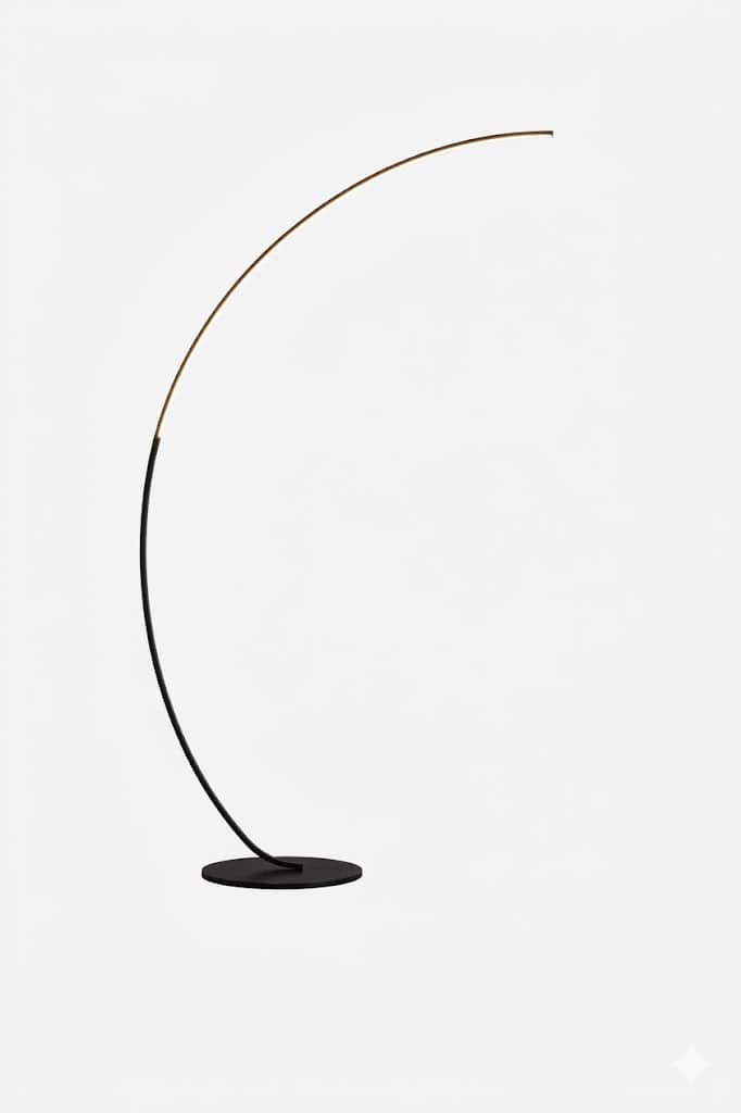 A modern arched floor lamp featuring a slender, curved metal stem that transitions from a matte blac… — 3D model