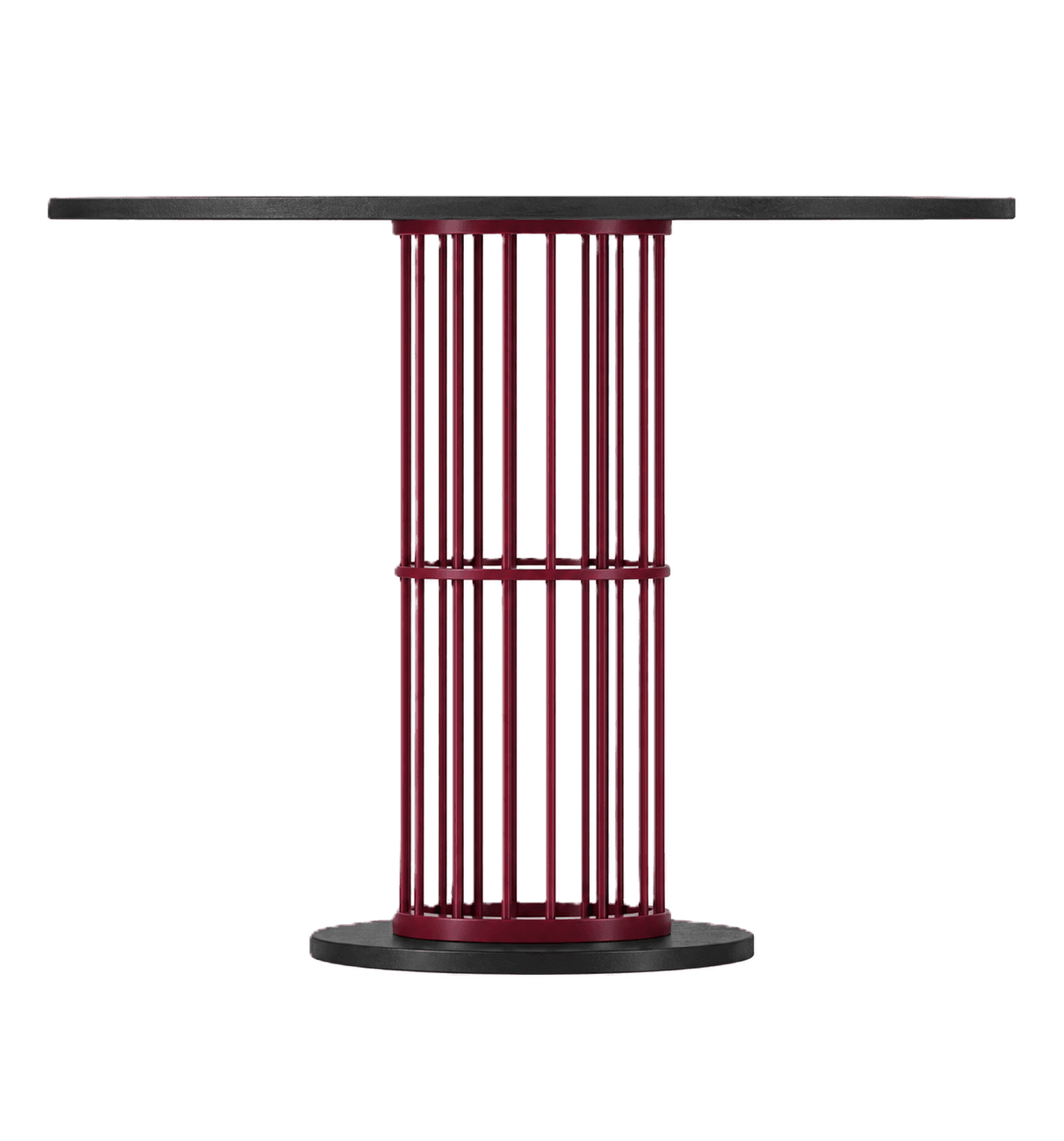 A modern console table featuring a rectangular black top and a contrasting cylindrical base composed… — 3D model