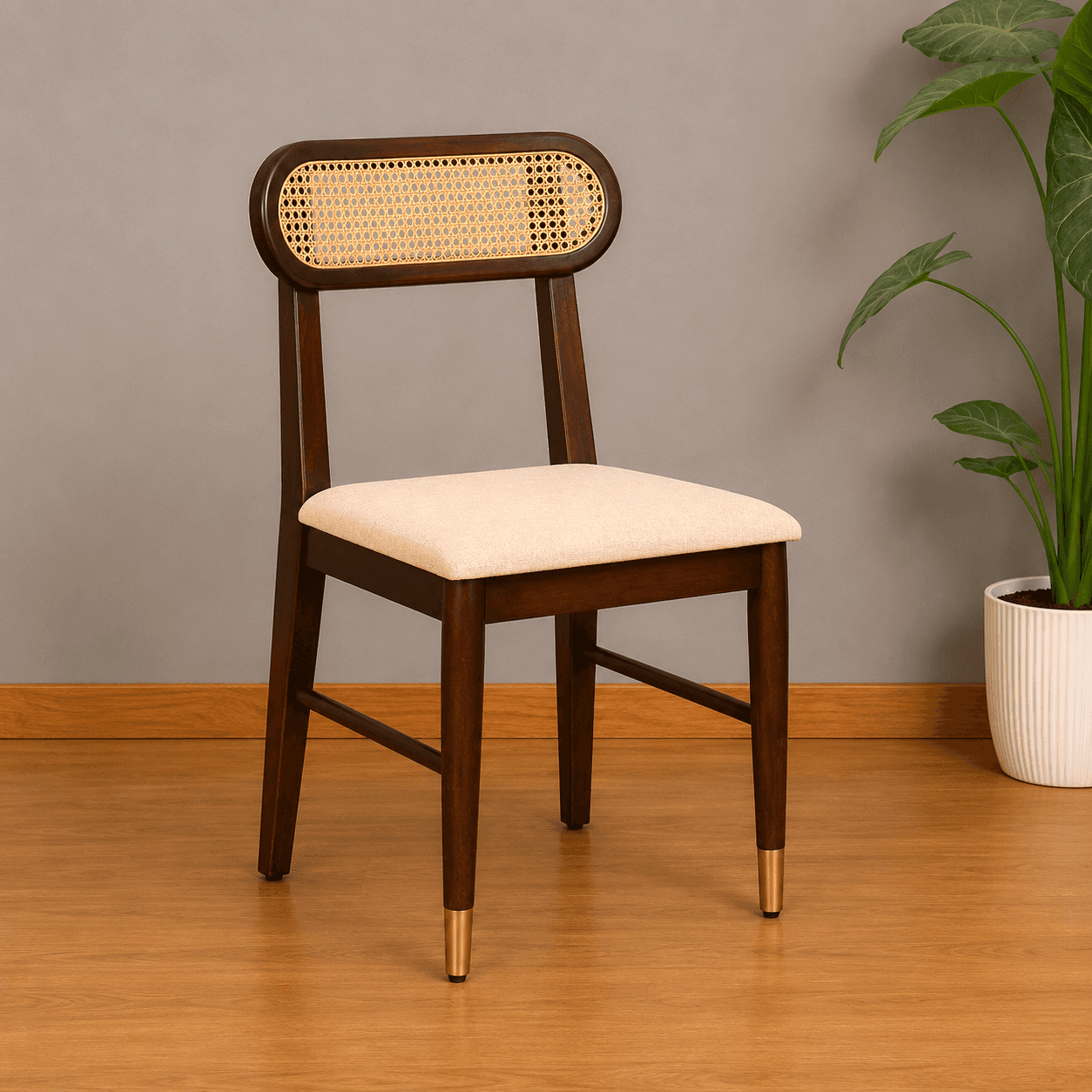 A contemporary dining chair featuring a dark stained wooden frame, a distinctive oval-shaped backres… — 3D model