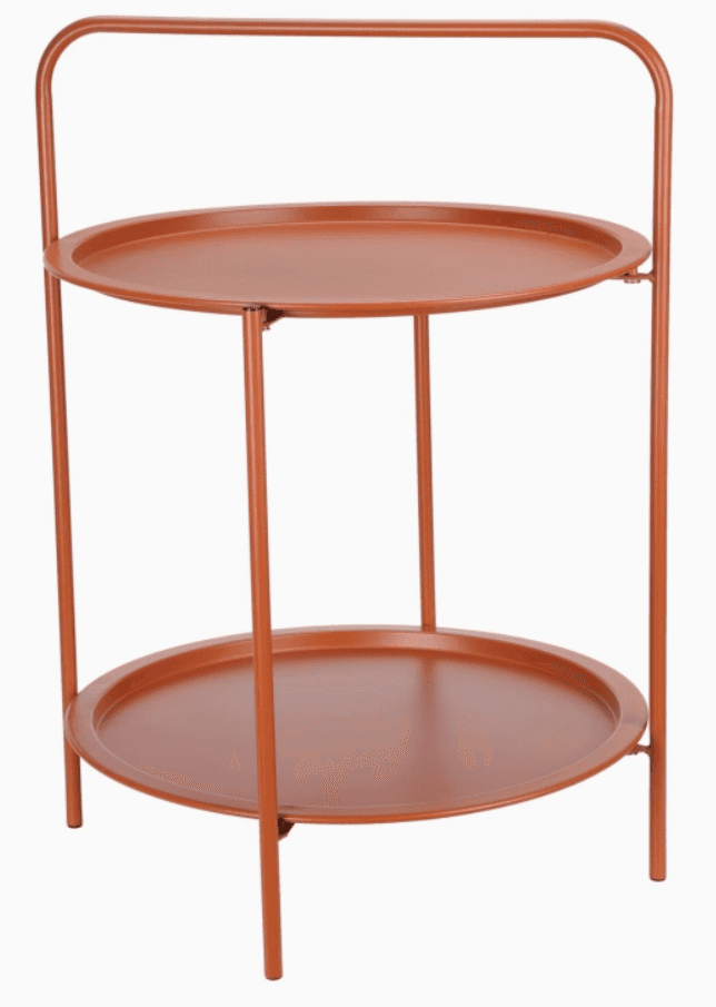 A modern two-tier side table constructed entirely from terracotta-colored metal. It features two cir… — free SKP 3D model