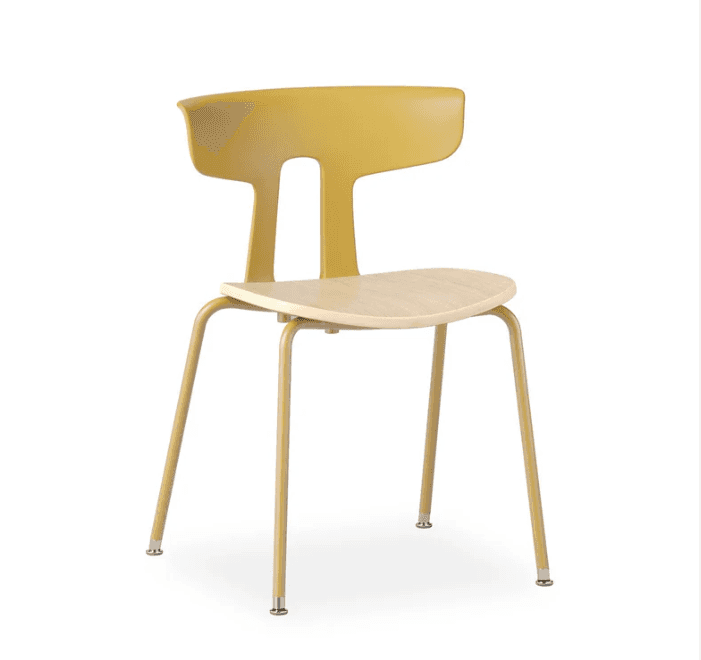A contemporary side chair featuring a mustard yellow molded plastic backrest with an H-shaped cutout… — free GLTF 3D model