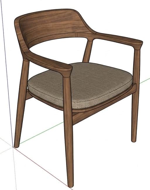 An illustration of a mid-century modern style dining chair featuring a dark wood frame and a light-c… — 3D model