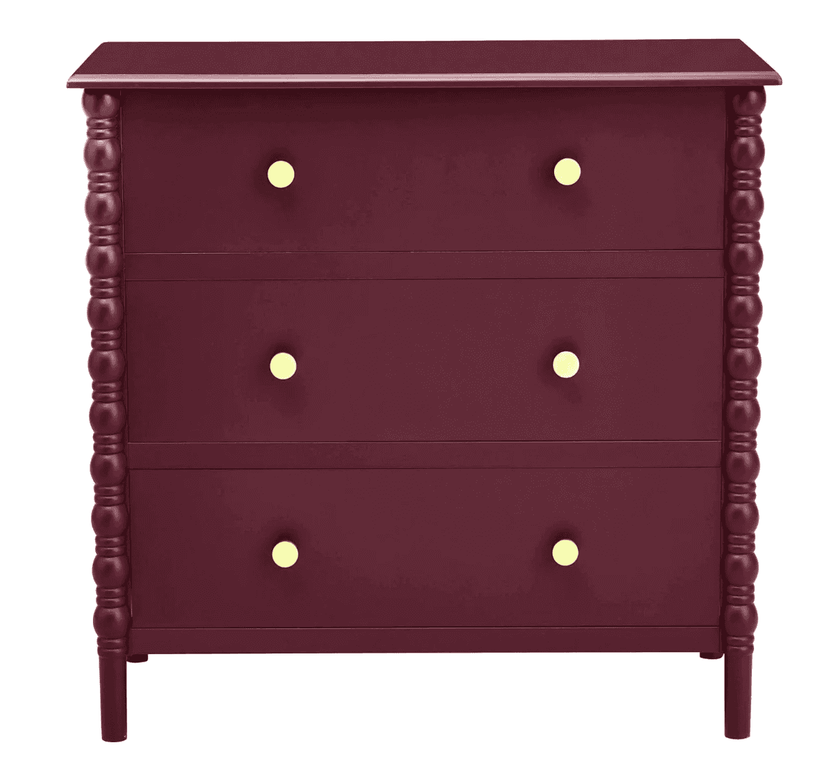 A contemporary three-drawer dresser featuring a deep burgundy finish, a flat top surface, and distin… — 3D model