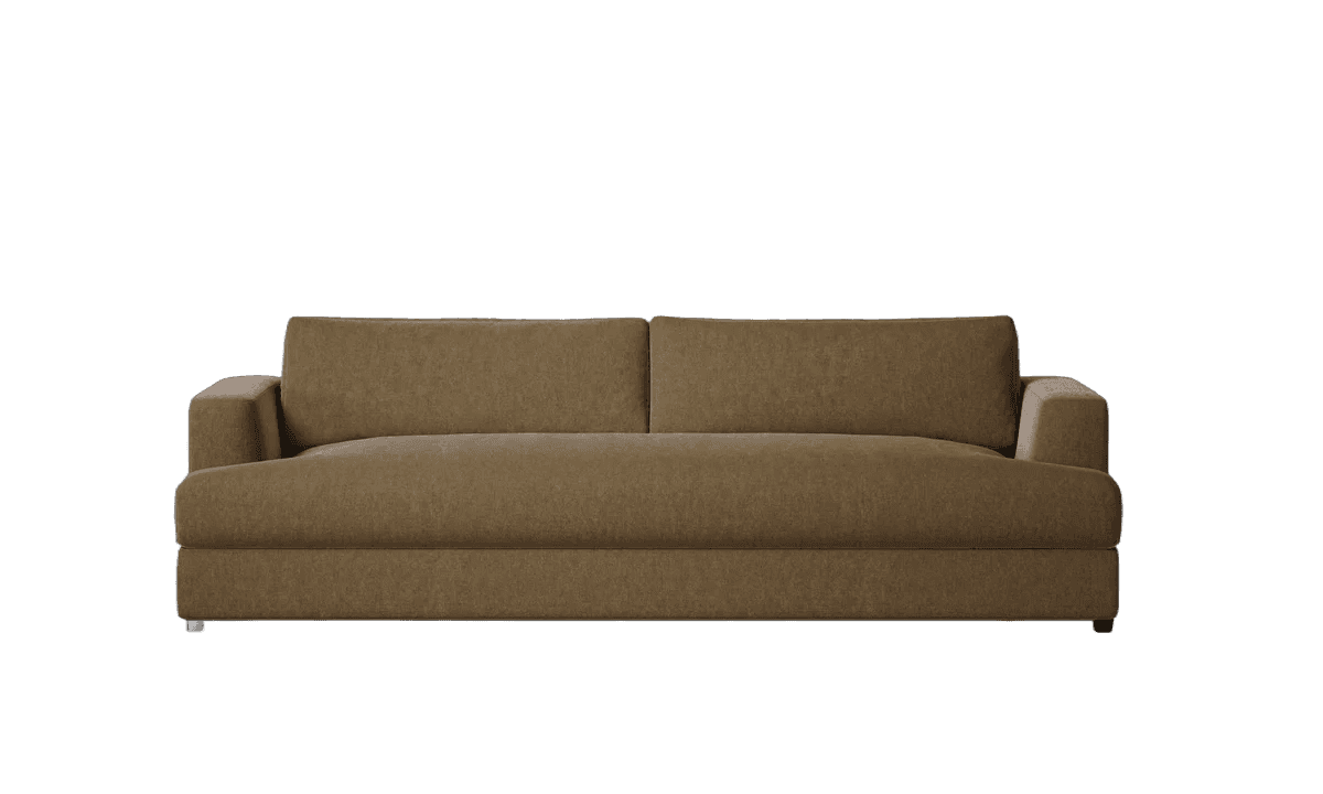 A modern, minimalist two-seater sofa upholstered in a brown, textured fabric. It features a low-prof… — free GLTF 3D model