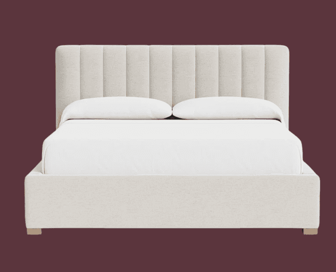 A cream-colored upholstered platform bed with a vertical channel-tufted headboard. The bed frame is… — 3D model