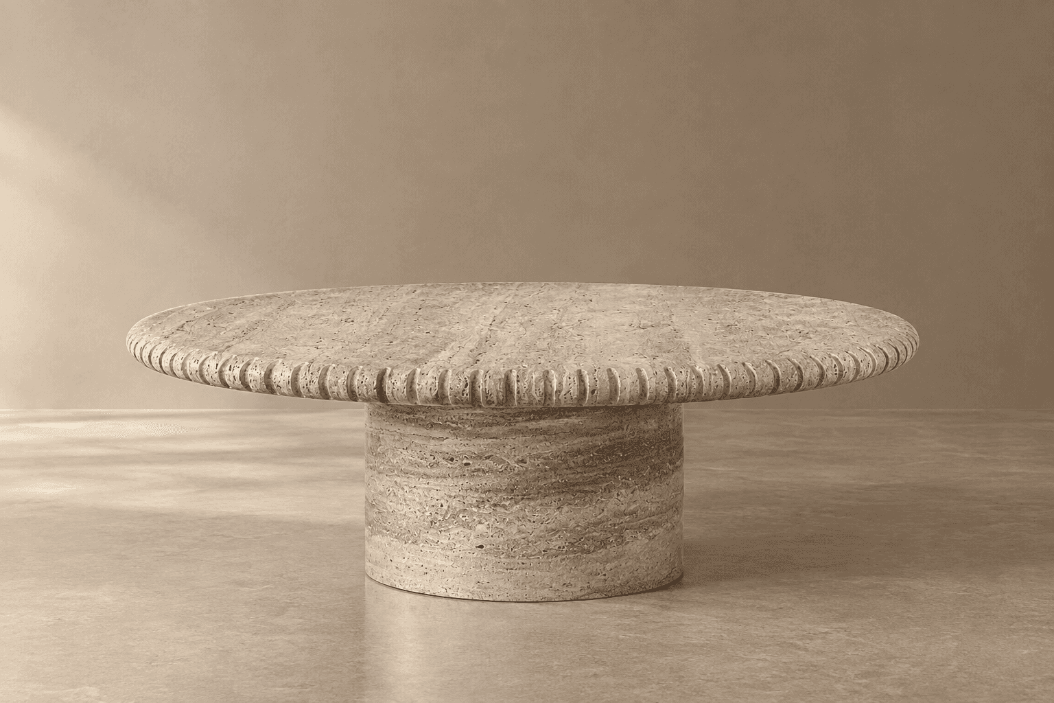 A low-profile, round coffee table crafted entirely from light-colored travertine stone. The table fe… — free BLEND 3D model