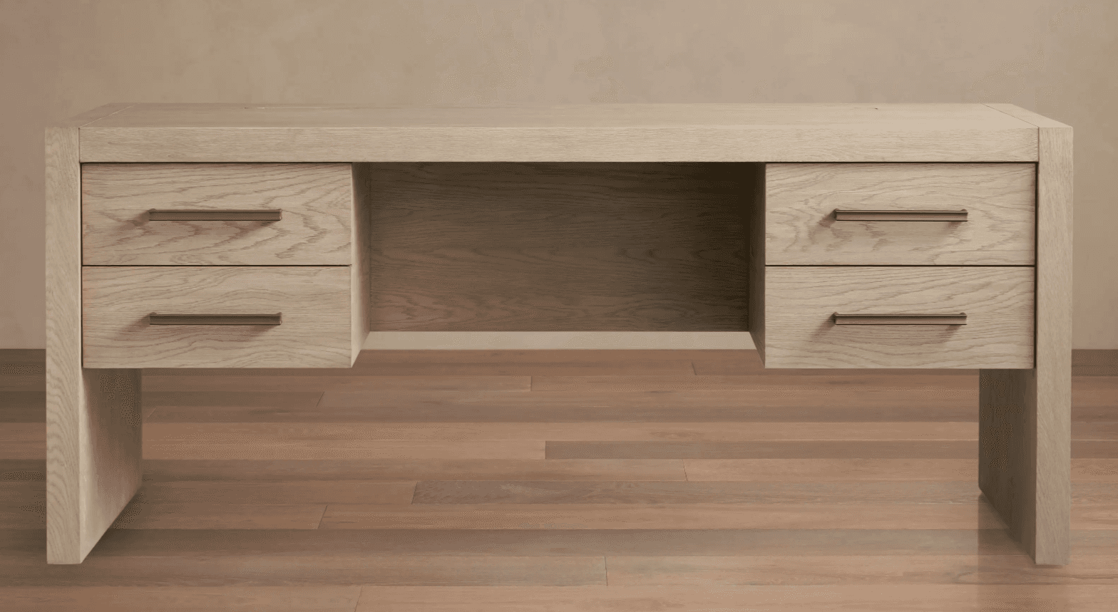 A modern, minimalist desk constructed from light-colored wood with a visible grain pattern. The desk… — free OBJ 3D model