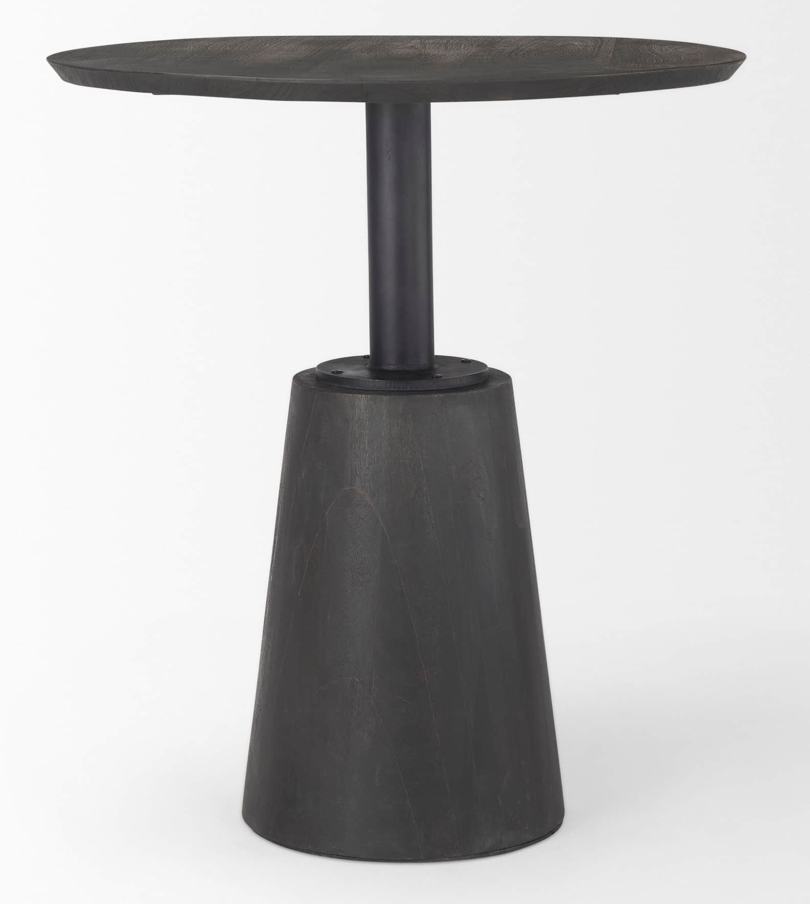 A contemporary pedestal side table featuring a round, dark-stained wood top supported by a slender b… — 3D model