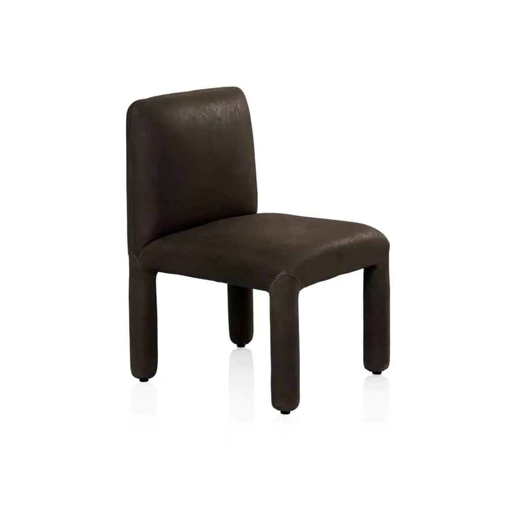 A contemporary armless chair fully upholstered in dark brown, featuring a low backrest, a wide seat,… — 3D model