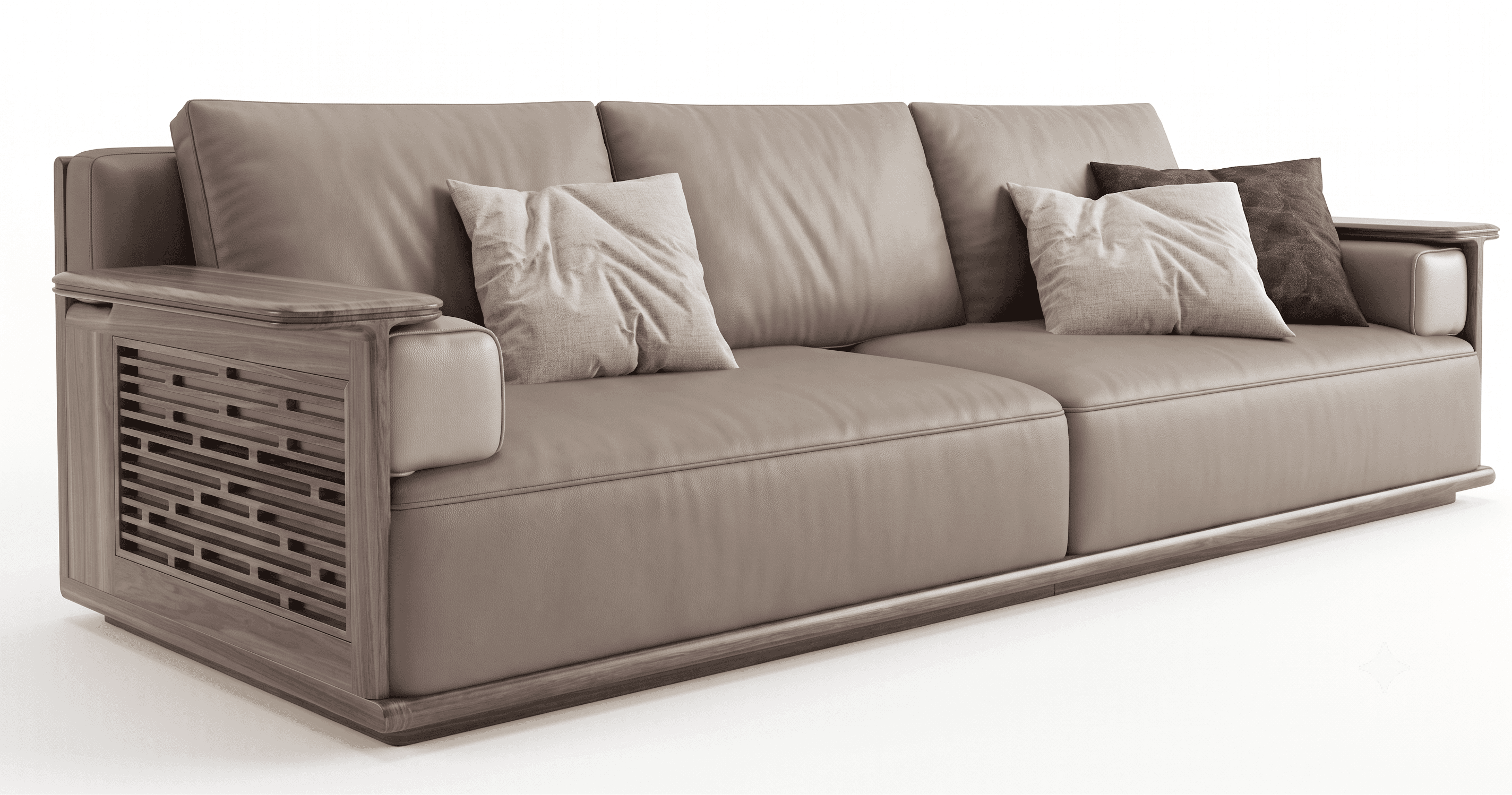 A contemporary three-seater sofa featuring light taupe leather upholstery and substantial dark wood… — 3D model