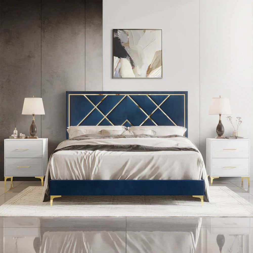 An elegant platform bed featuring a rich blue velvet upholstery across its frame and headboard. The… — free FBX 3D model