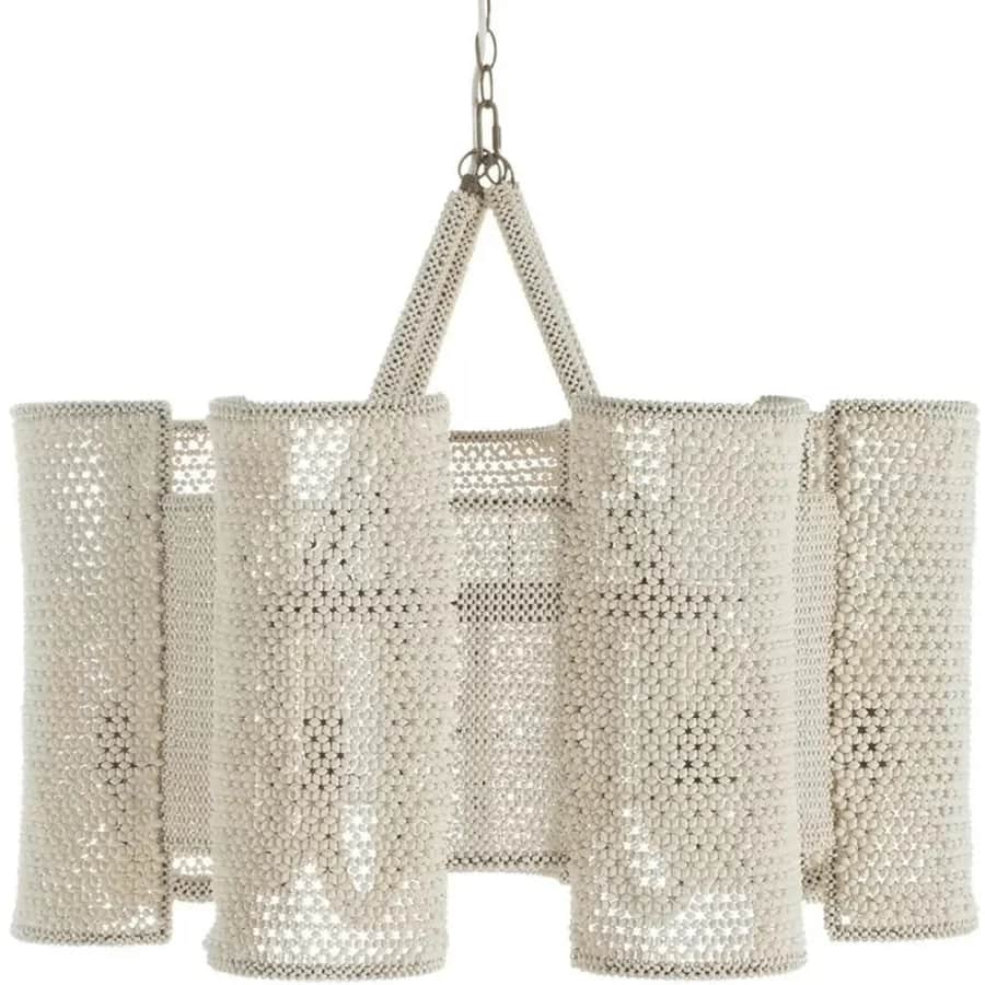A multi-tiered chandelier featuring numerous small, opaque, off-white beads intricately strung toget… — 3D model