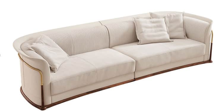 A luxurious, contemporary sofa with a unique curved design, upholstered in light fabric with ribbed… — 3D model
