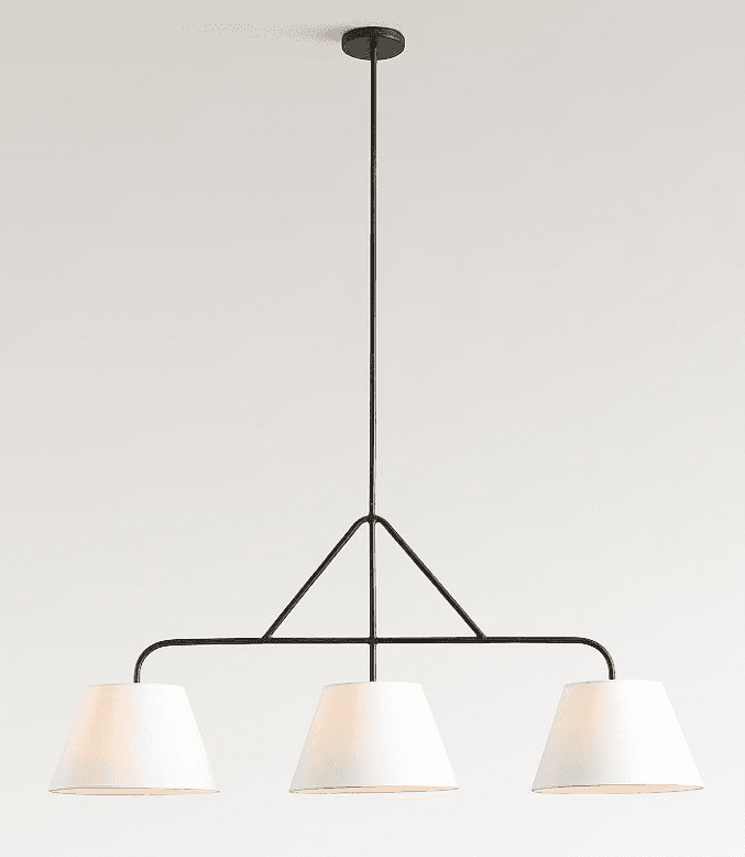 A linear chandelier with three conical white fabric shades, suspended from a single black downrod. T… — 3D model