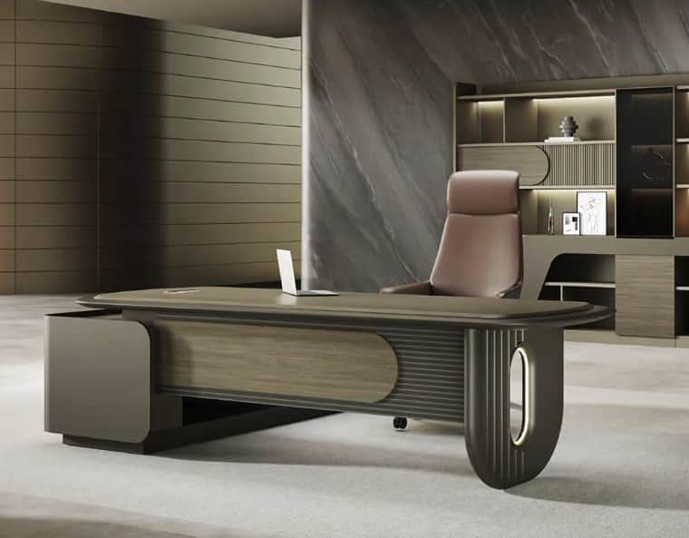 A modern executive desk with a sleek, elongated elliptical tabletop. The desk features a substantial… — free OBJ 3D model