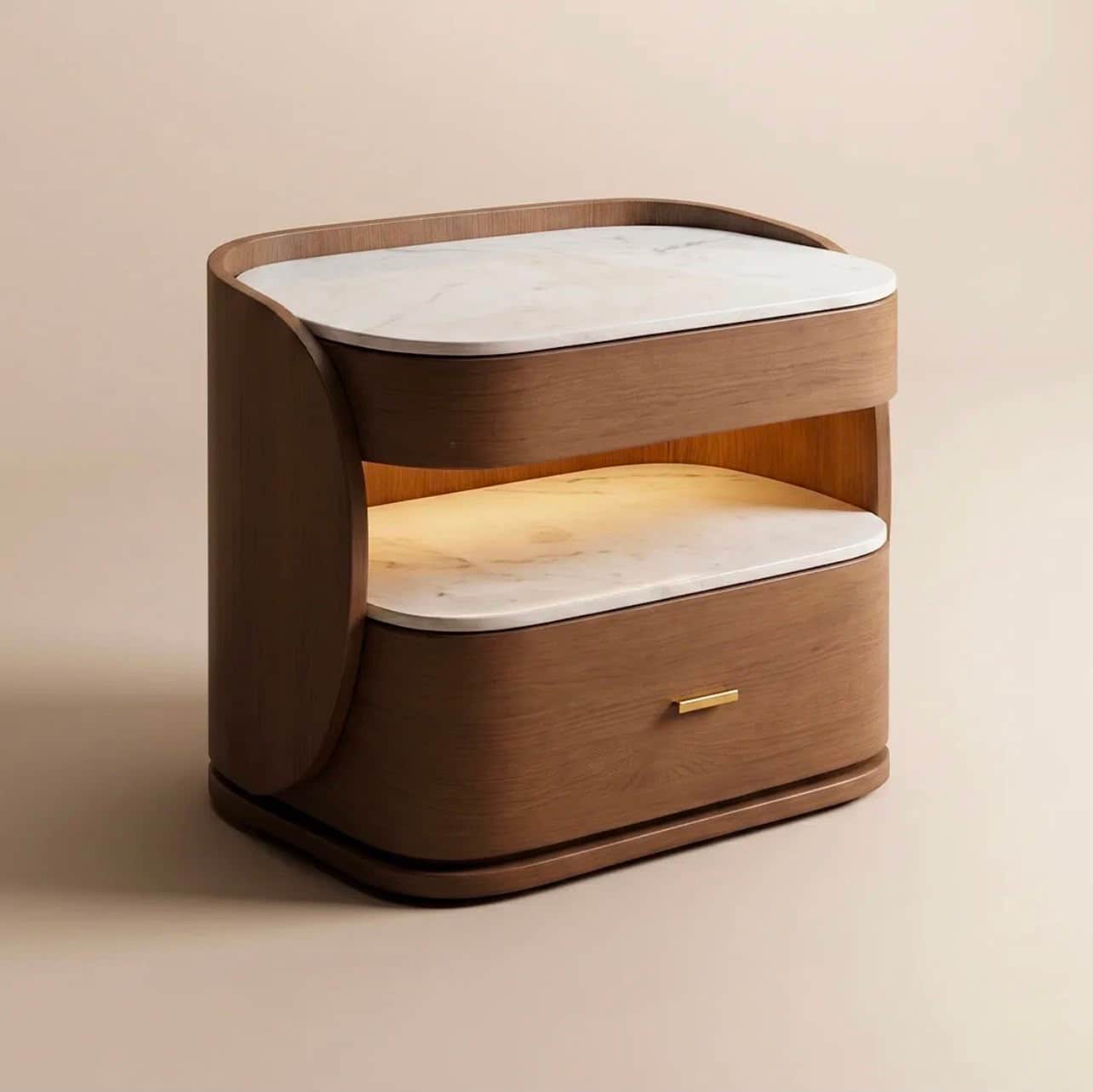 A modern nightstand constructed from dark wood with two white marble surfaces, featuring an open ill… — 3D model