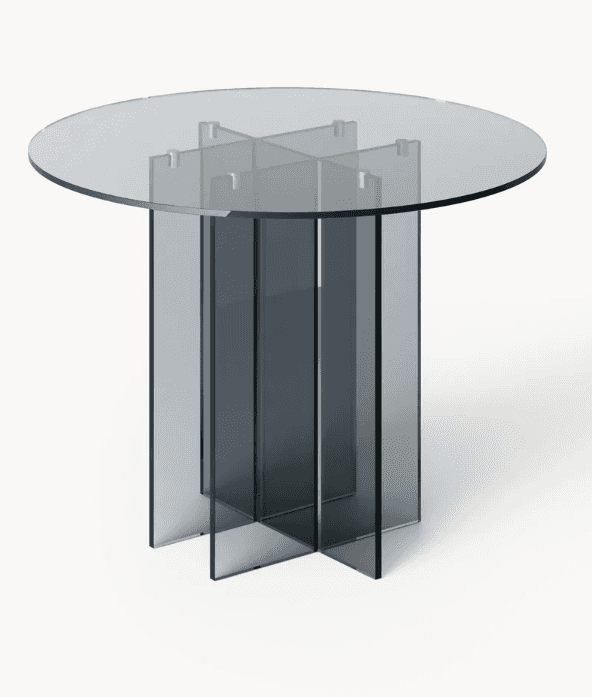 A modern side table with a circular glass top and a geometric pedestal base. The base is constructed… — 3D model