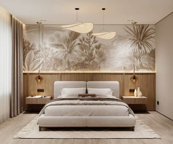A modern upholstered platform bed featuring a low profile and a subtly curved headboard, presented w… — 3D model
