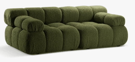 A modular sofa with a rounded, bulbous design. The sofa is upholstered in a textured, shaggy fabric… — free GLTF 3D model