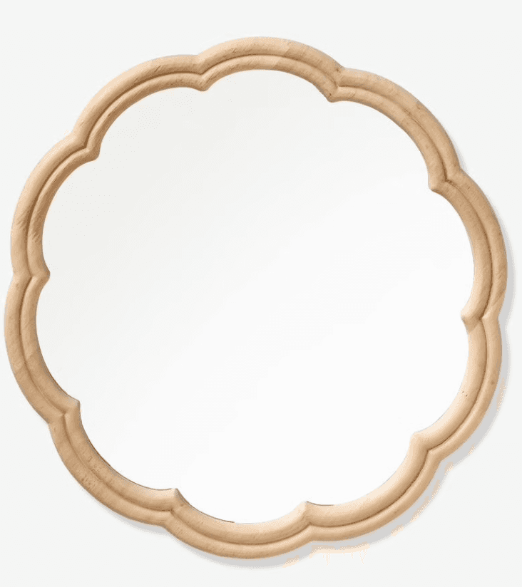 A decorative wall mirror featuring a distinct scalloped frame made from natural, light-toned wood. T… — 3D model