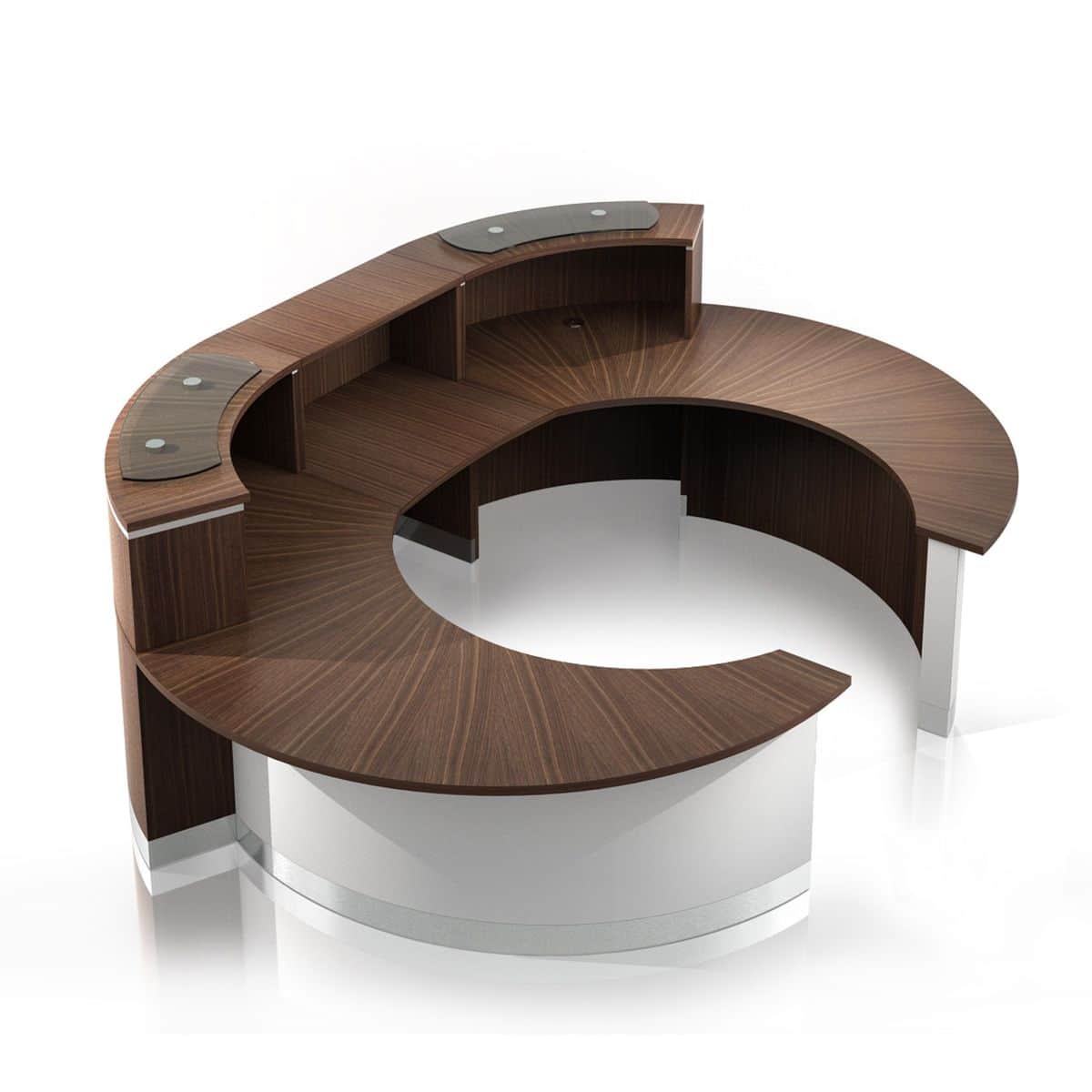 A semi-circular reception desk with a curved front and a raised rear section. The desk features a da… — free OBJ 3D model