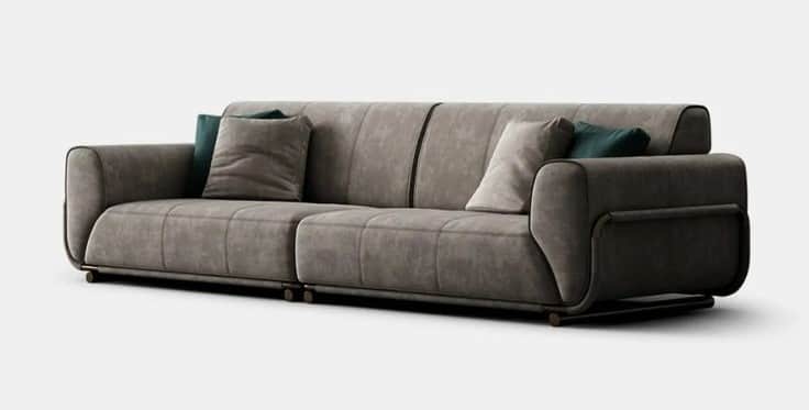 A contemporary three-seater sofa upholstered in a greyish-brown fabric, featuring rounded armrests,… — 3D model