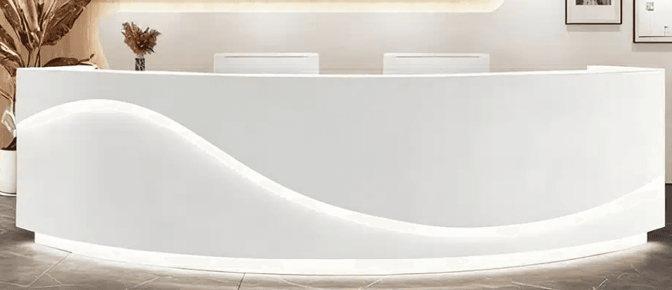 A modern, curved reception desk, rendered in pristine white. It features integrated, subtle lighting… — 3D model