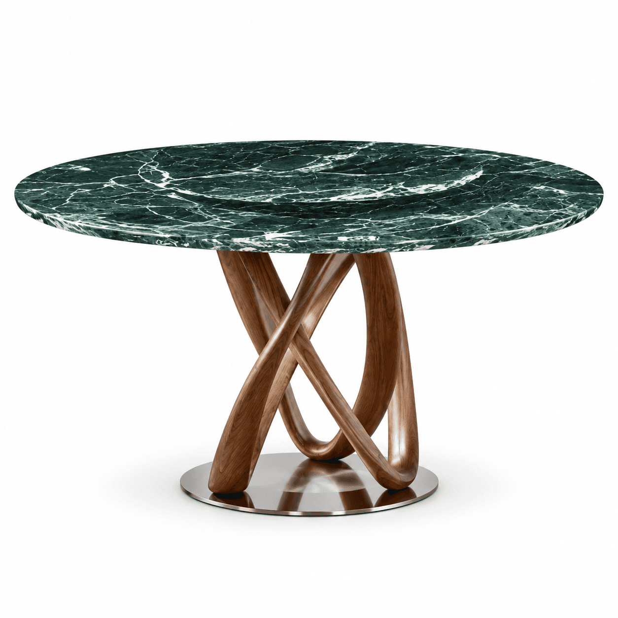 A contemporary round dining table featuring a striking green marble top with natural white veining.… — 3D model