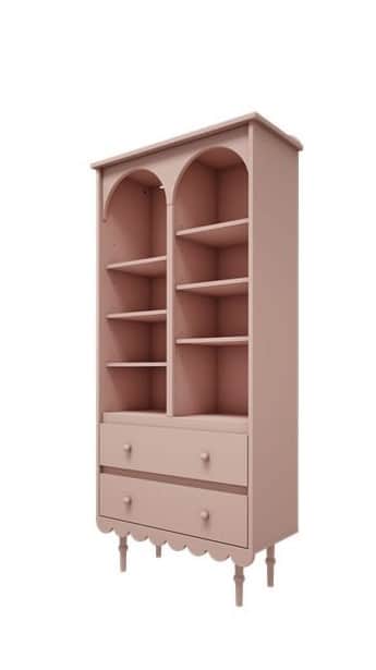 A freestanding, blush pink bookshelf featuring two arched open shelving sections atop two storage dr… — 3D model