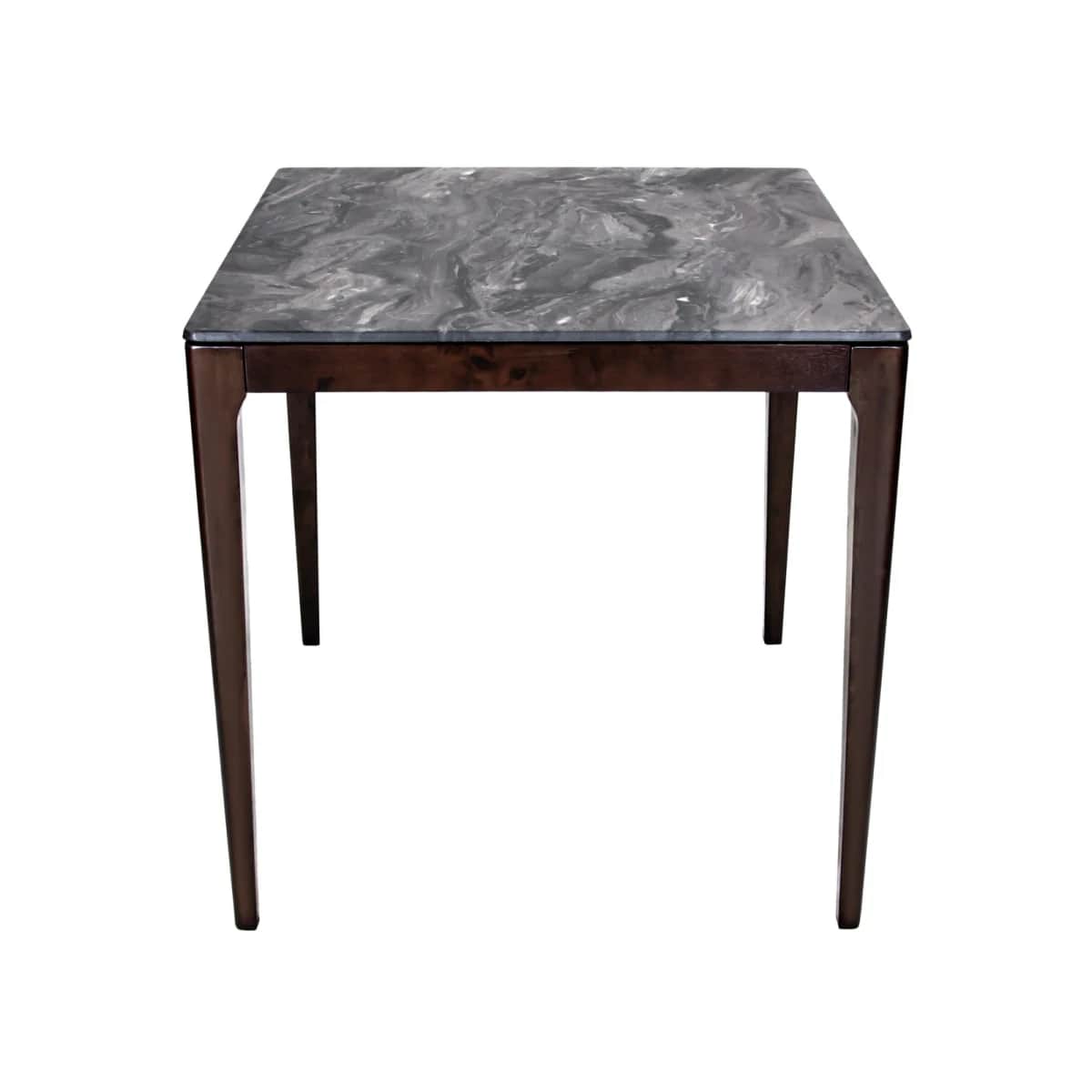 A square table featuring a grey marbled top supported by four dark brown tapered wooden legs. The de… — 3D model