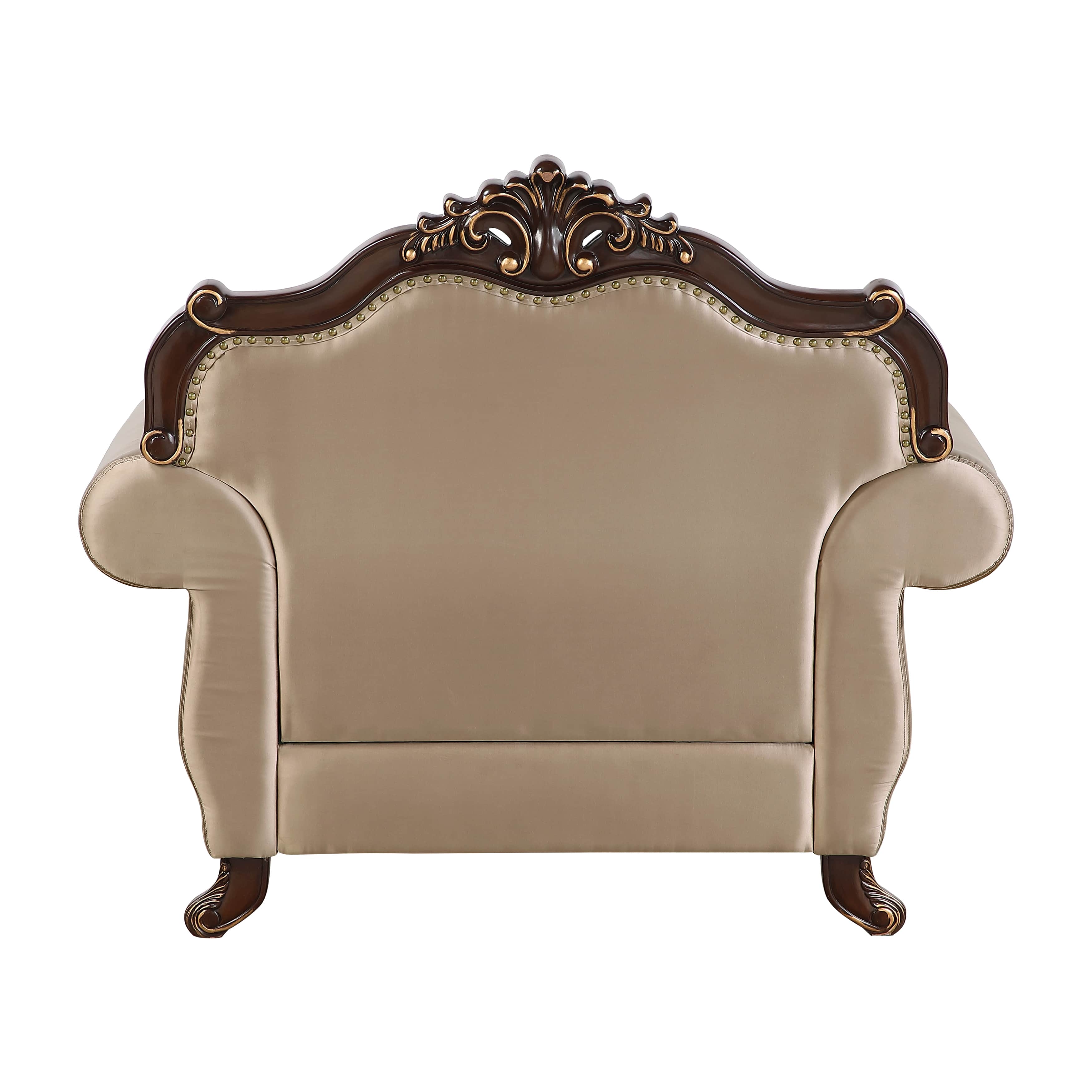 An ornate single-seater armchair featuring a dark, richly carved wooden frame with gilded accents, a… — 3D model
