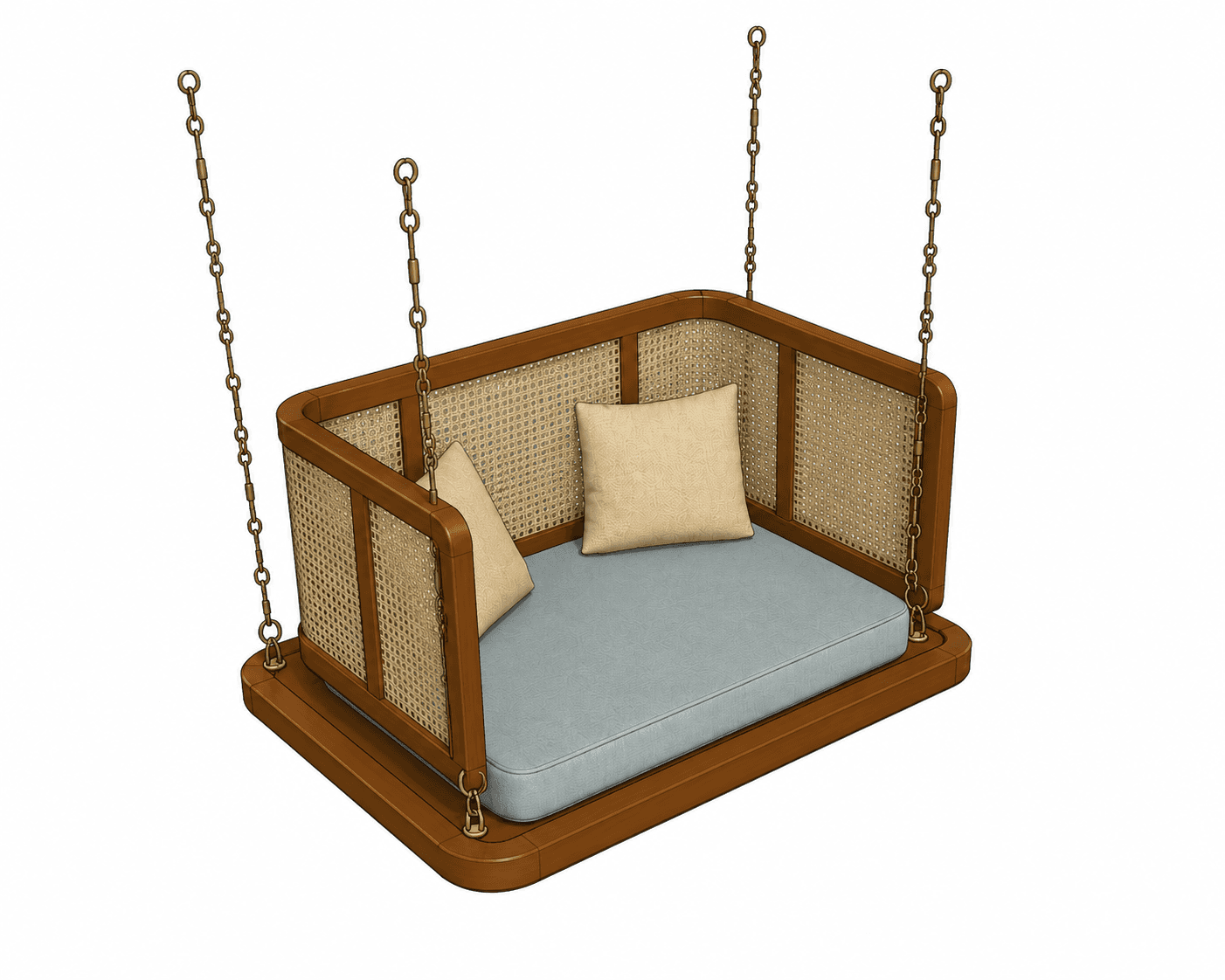 A suspended daybed swing constructed from a polished wooden frame with woven cane panels on the back… — 3D model