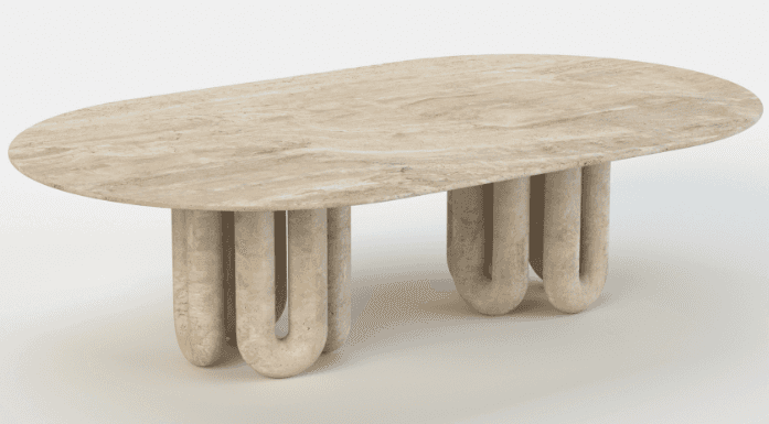 An oval coffee table crafted from natural travertine, featuring a smooth, elongated top with subtly… — 3D model