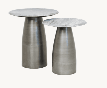 A modern side table featuring a circular grey marble top and a tapered, dark metallic pedestal base.… — 3D model