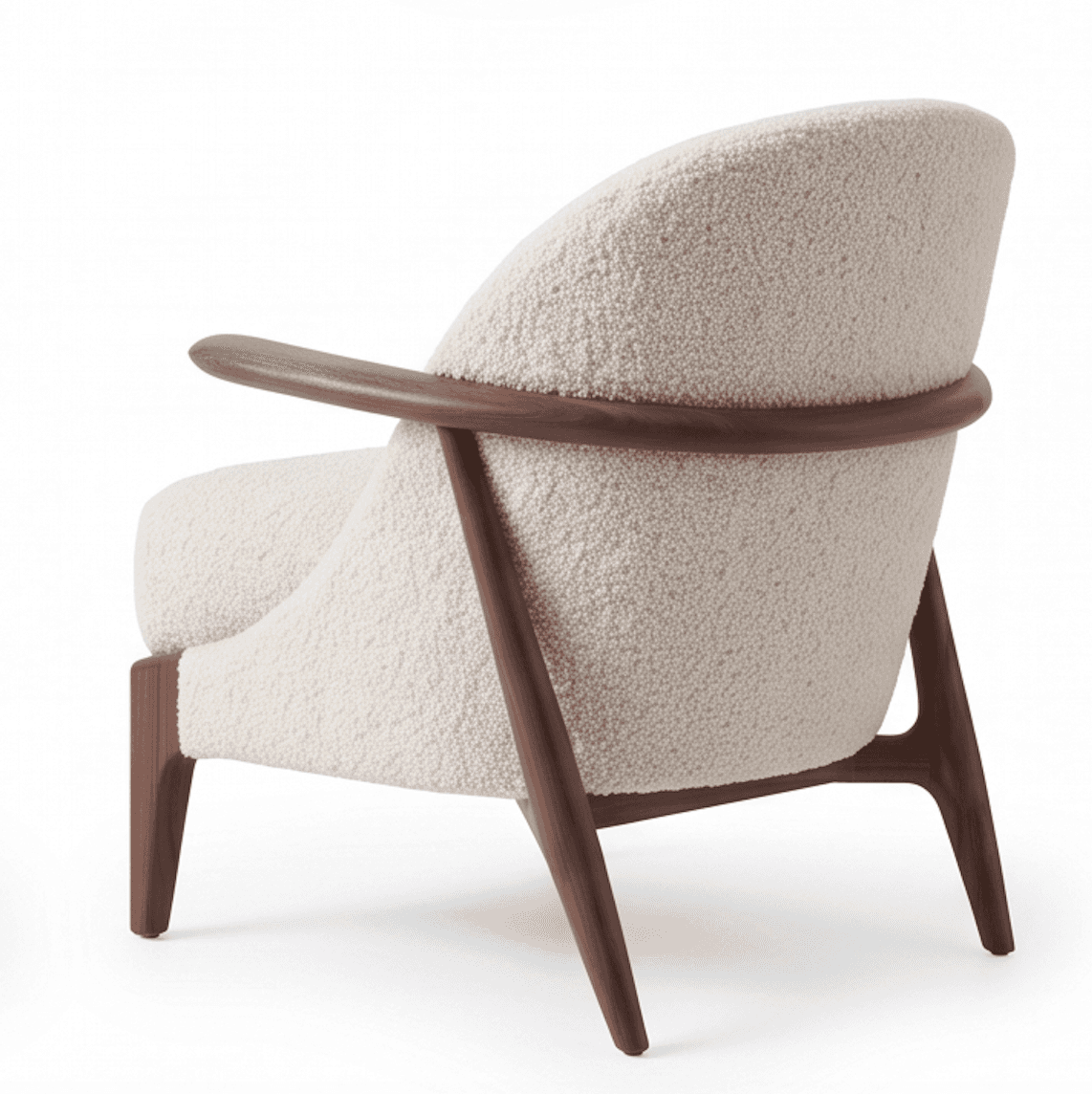 A contemporary armchair featuring an exposed dark wood frame with a curved backrest and integrated a… — 3D model